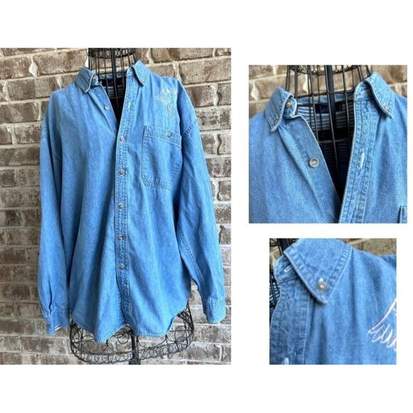 VTG Fox Hill Angel Button Down Denim Shirt Medium Embroidered Long Sleeves READ - Picture 6 of 12